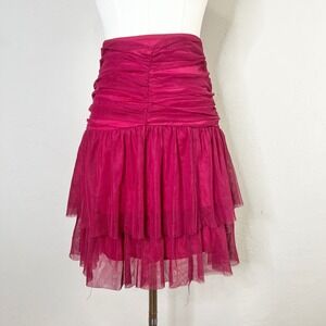 Maeve‎ Anthropologie Ruched Tulle Mesh Tiered Ruffle Skirt Fuchsia Pink Size 0